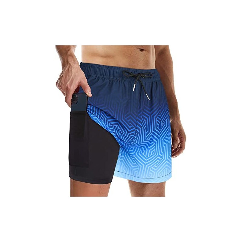 Atforna Costume da bagno da uomo, lungo, 2 in 1, con compressione, ad asciugatura rapida, traspirante, con chiusura lampo, coulisse regolabile, blu cobalto, S