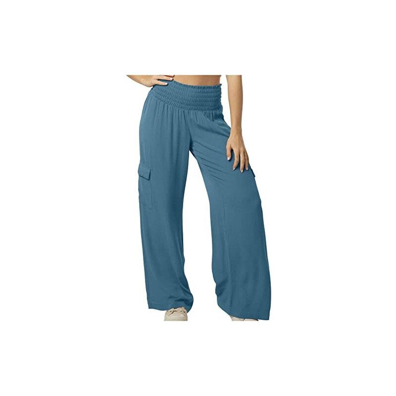 Vita Alta Pantaloni Lino Pantaloni Lino Donna Estate - Larghi, Comodi, Vita Alta Con Elastico - Ideali Per Spiaggia E Casual Vita Alta Elastica Gamba Larga - Foto 8