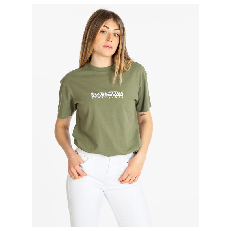 Napapijri S Box W Ss T-shirt Donna Manica Corta Con Scritta Verde Taglia Xl