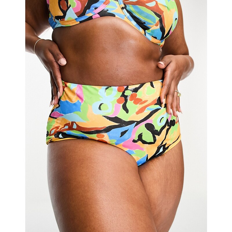 ASOS Curve ASOS DESIGN Curve - Slip bikini a vita alta con stampa astratta-Multicolore