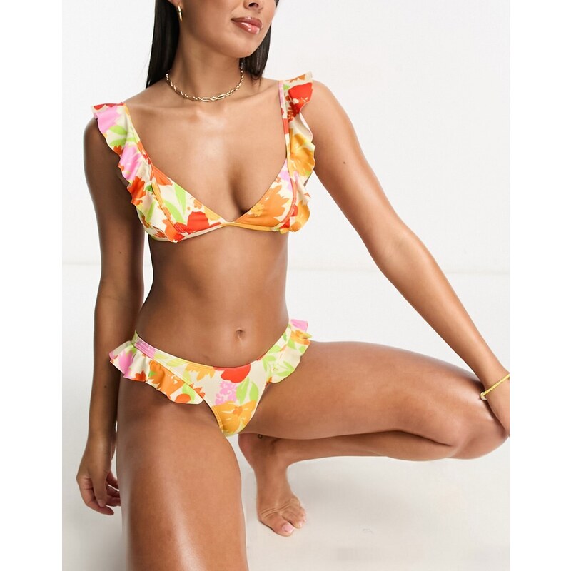Miss Selfridge - Top bikini con volant a fiori vivaci effetto vernice-Multicolore