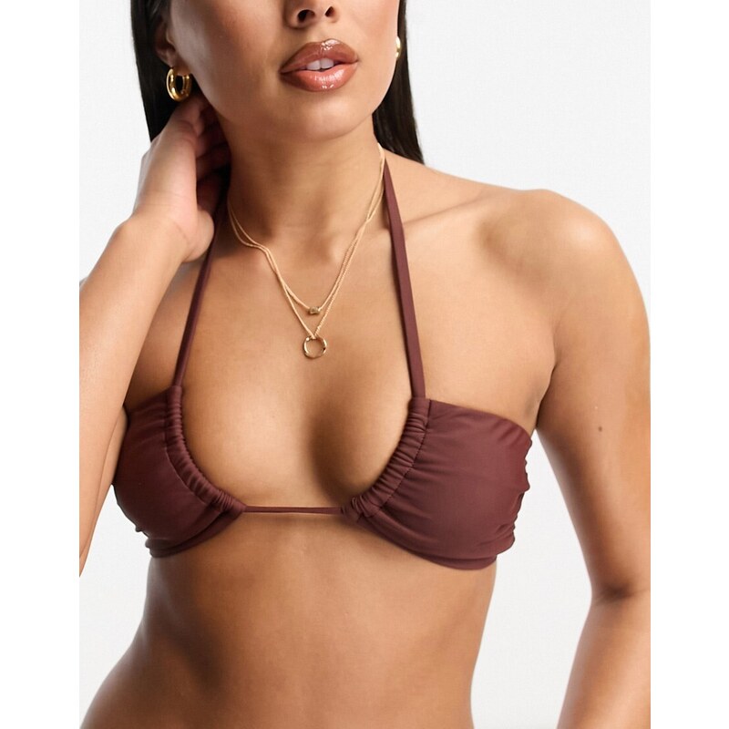 Miss Selfridge - Mix and Match - Top bikini a fascia color cioccolato con cut-out circolare-Brown