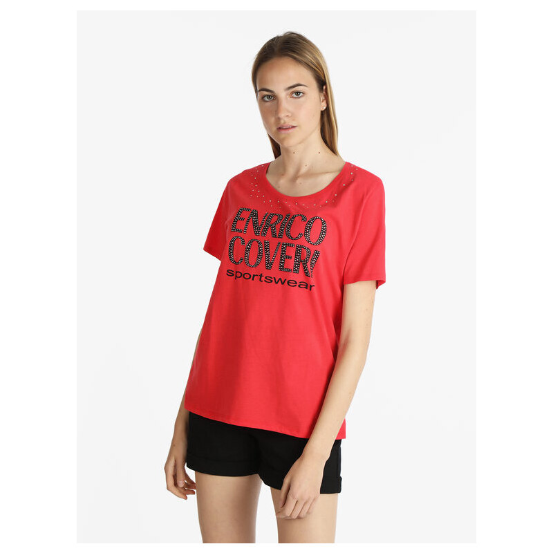 Enrico Coveri Sportswear T-shirt Manica Corta Donna Con Scritta e Strass Rosso Taglia Xl