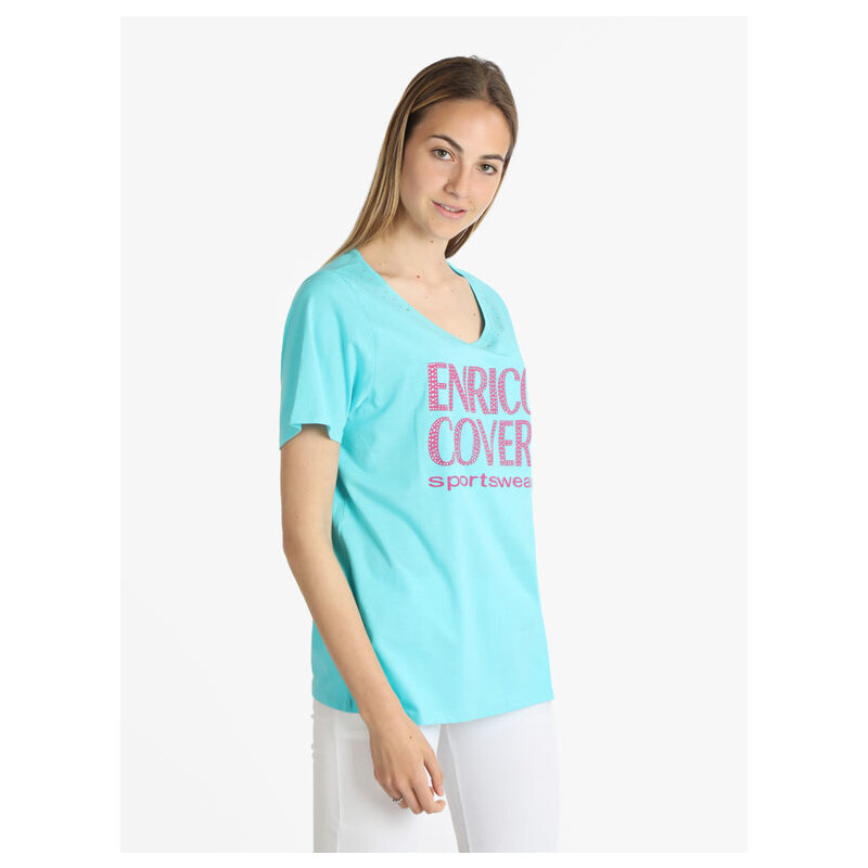 Enrico Coveri Sportswear T-shirt Manica Corta Donna Con Scritta e Strass Blu Taglia Xl