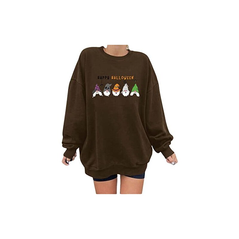 Générique Maglioni Halloween di grandi dimensioni per le donne stampa grafica divertente girocollo maniche lunghe felpa top vestito maglione, marrone, XXL