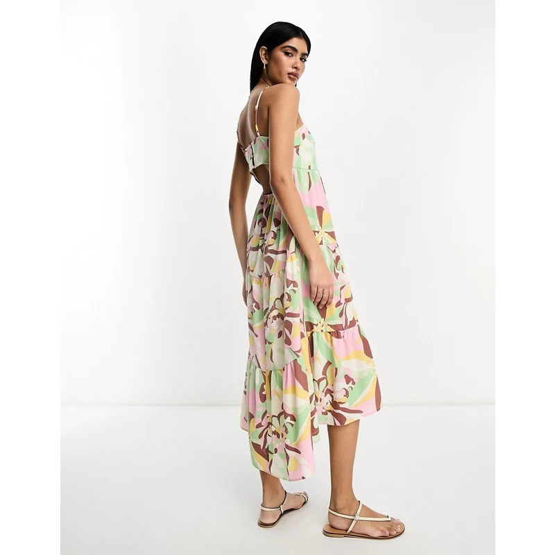 ASOS DESIGN Vestito lungo marrone a fiori con fondo asimmetrico