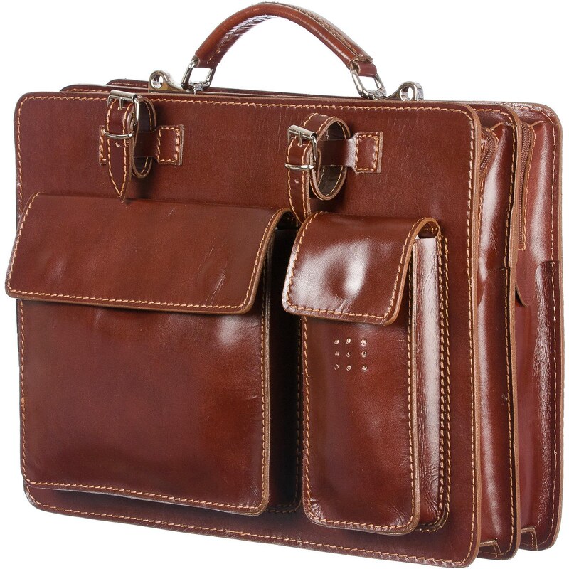 Cartable En Cuir Fleur Marron - Artisanal Italien, Fermeture à Bouton-pression, Pochettes Intérieures, Unisexe
