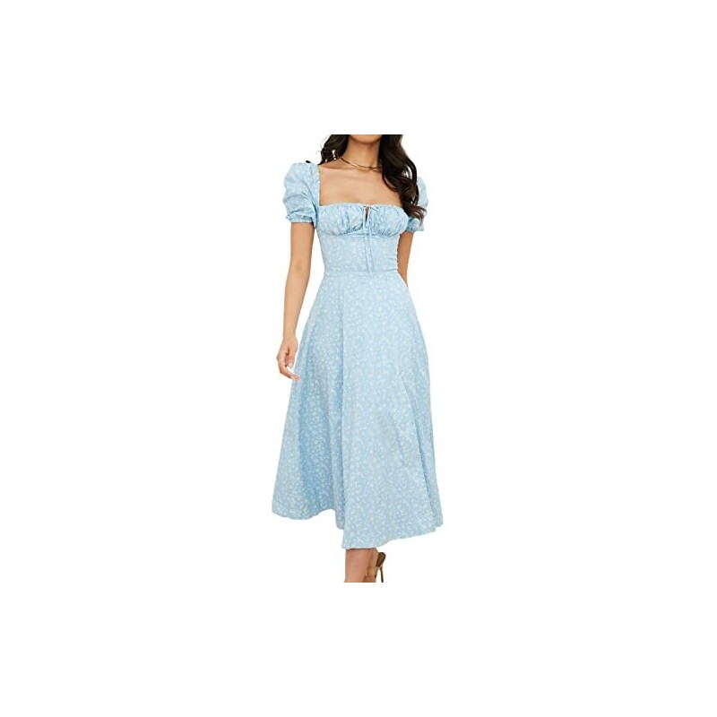 Fehploh Maxi Abito Estivo da Donna con Maniche a Sbuffo e Stampa Floreale  Abito Lungo da Spiaggia Boho con Scollo Quadrato e Spacco 