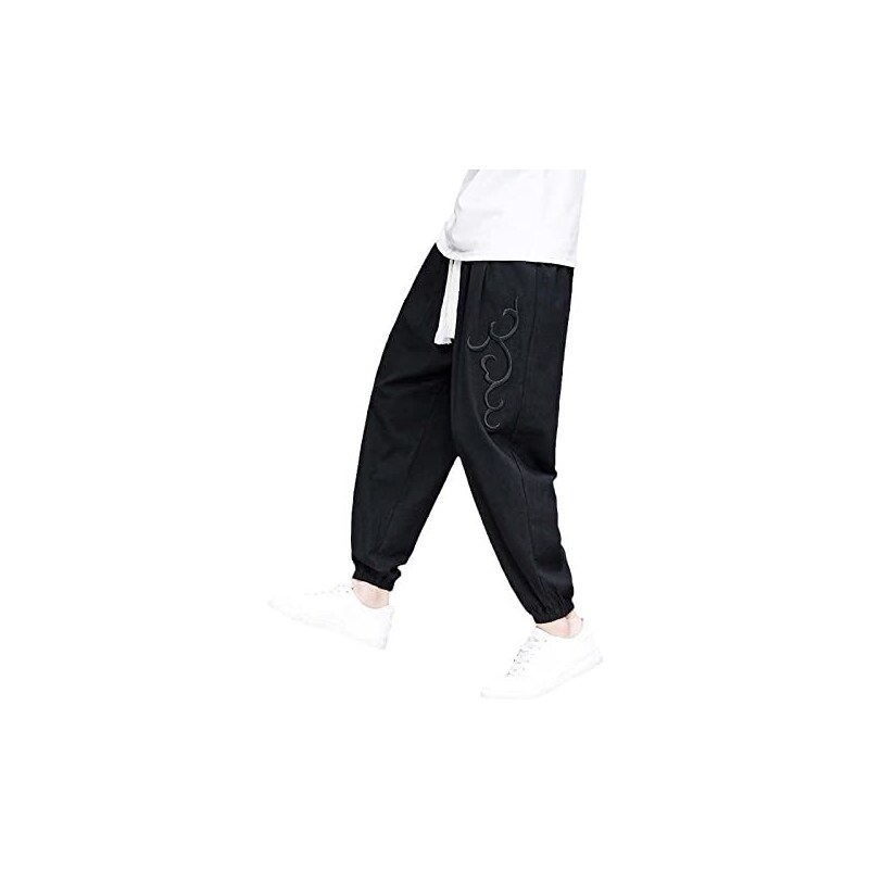 USTZFTBCL Pantaloni di lino di cotone di stile cinese, pantaloni casual  ricamati da uomo, Streetwear Harem Bloomers, Pantaloni Harem Neri, S 