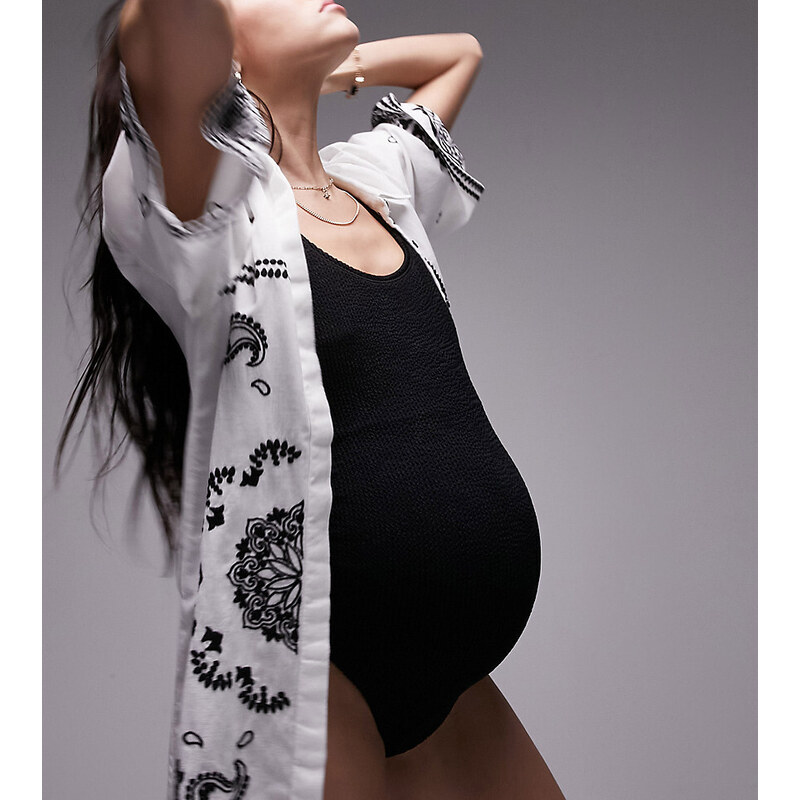 Topshop Maternity - Costume da bagno nero con scollo rotondo sul retro in tessuto stropicciato