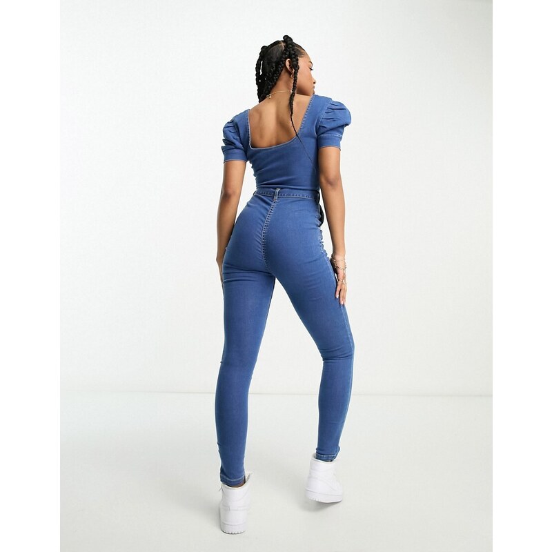 Parisian - Tuta jumpsuit in denim con cintura lavaggio blu medio