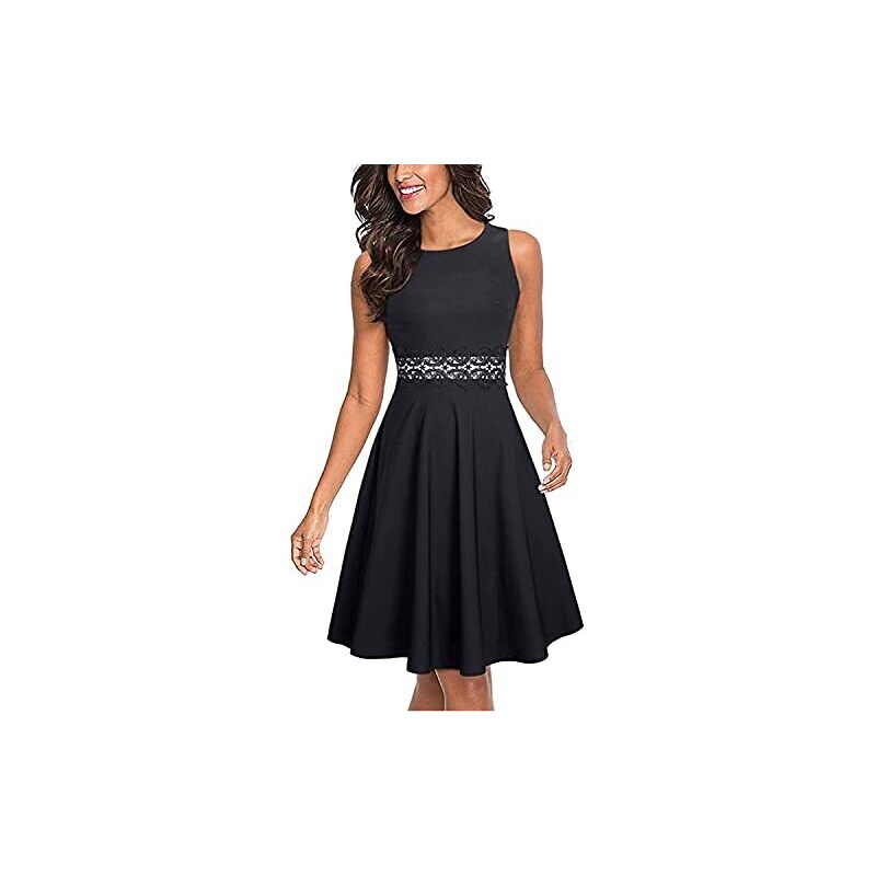 Elegante abito da donna in pizzo floreale con scollo a V con tasche per feste cocktail linea ad A, Nero , XL