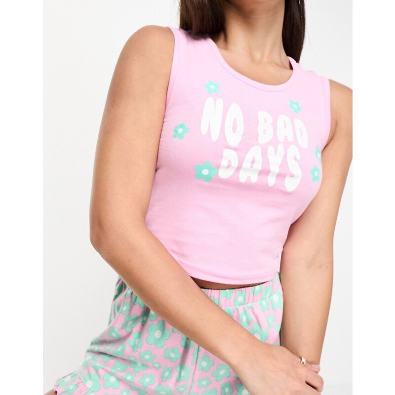 ASOS Tall Esclusiva ASOS DESIGN Tall - Pigiama rosa con pantaloncini e canotta con stampa "No Bad Days"
