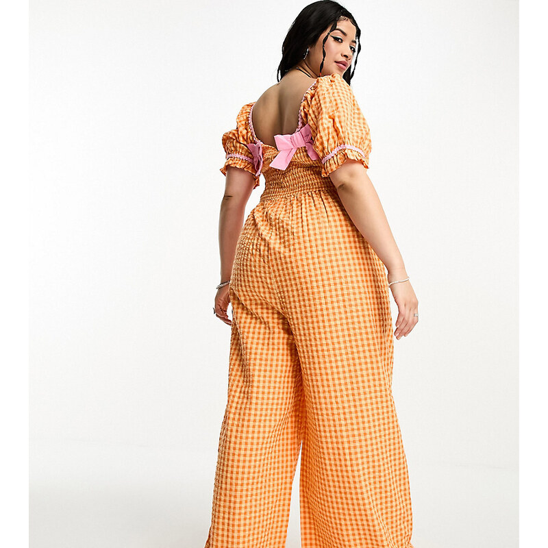 Neon Rose Plus - Tuta jumpsuit arancione a quadretti con fiocco