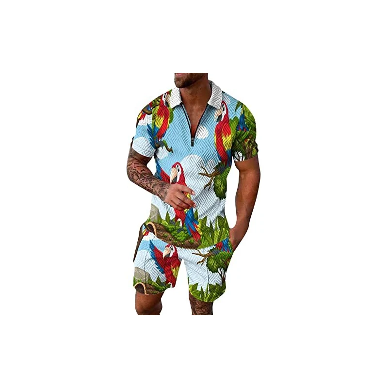 Tuta Uomo Gefomuofe Lino - Camicia Hawaiana E Pantaloni Corti - Set 2 Pezzi Estate Spiaggia