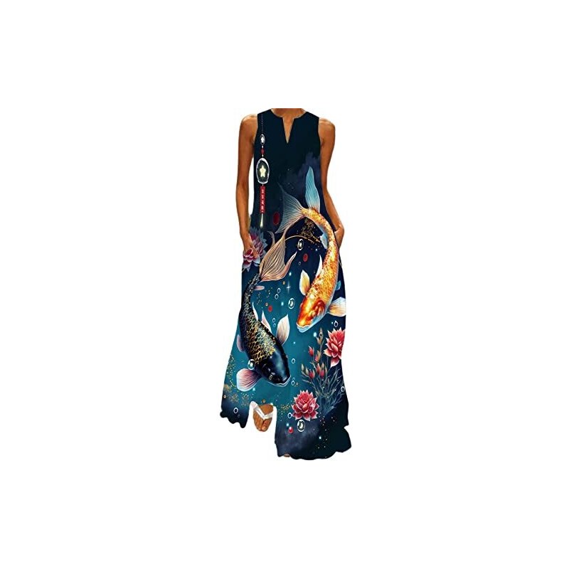 Abito Lungo Estivo Poetsky Donna – Maxi Abito Casual Con Scollo A V, Senza Maniche, Tasche Laterali, Taglie Forti (Fino A XXL)