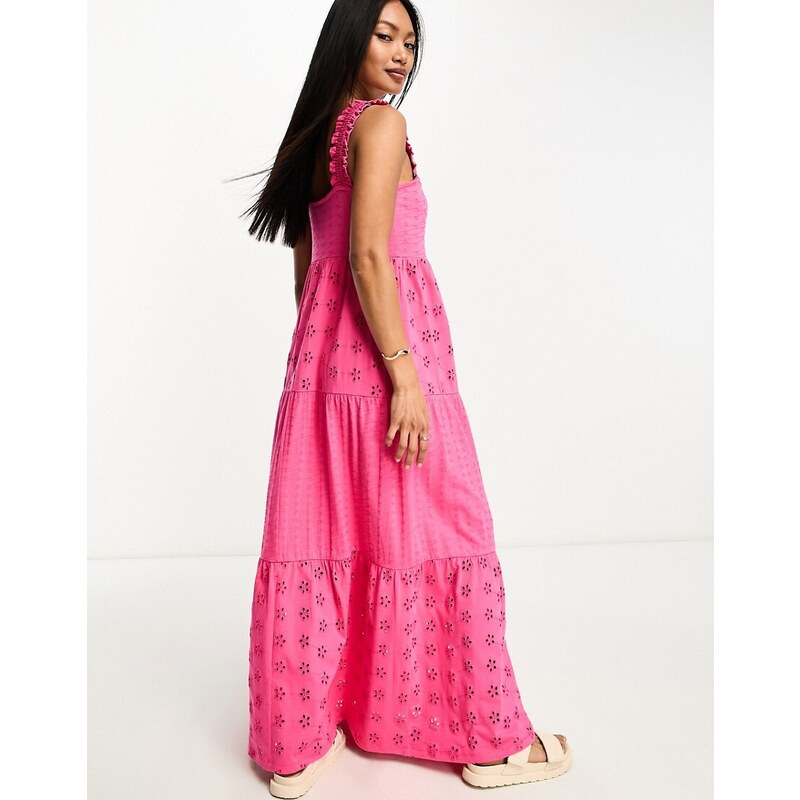 ASOS DESIGN - Vestito lungo a balze rosa acceso in pizzo con scollo squadrato