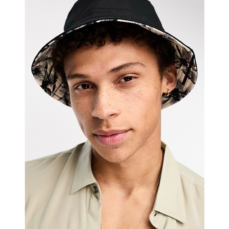 Boardmans - Cappello da pescatore double-face nero e con stampa di palme-Multicolore