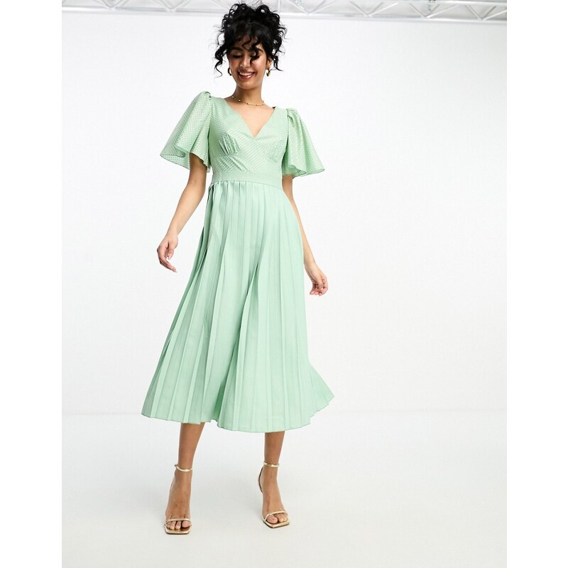 Little Mistress - Vestito midi verde salvia con scollo profondo e maniche con volant