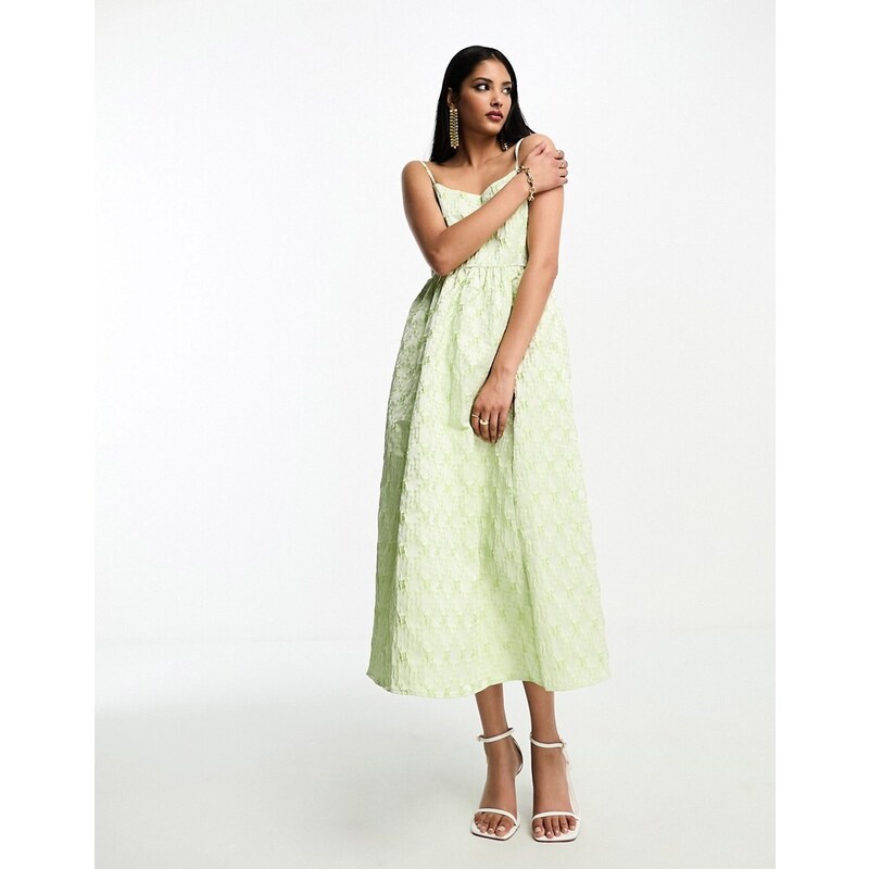 Selected Femme - Vestito midi in jacquard verde lime pastello a fiori con spalline sottili