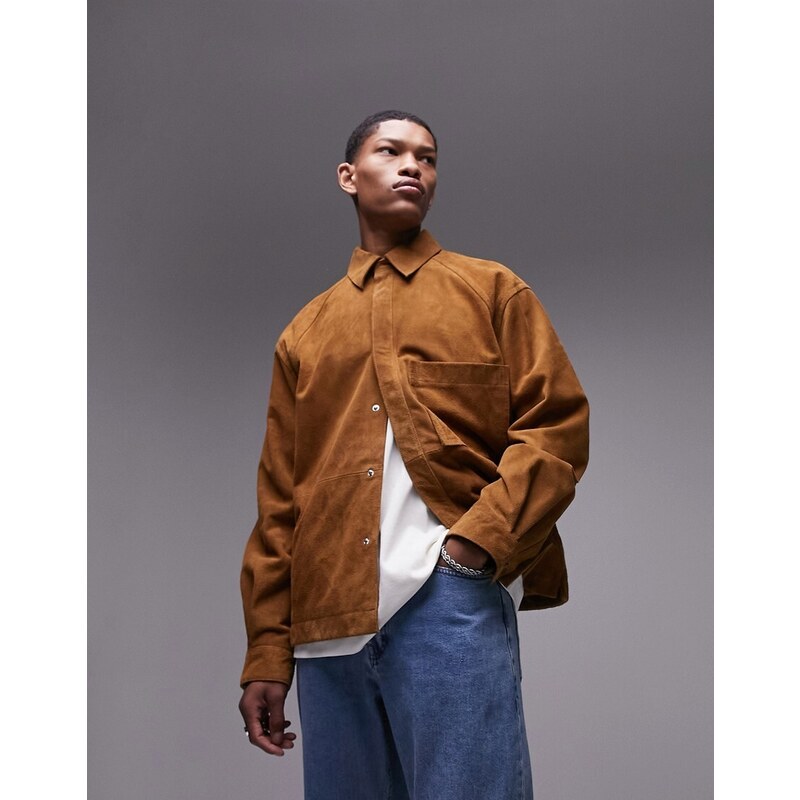 Topman Premium - Camicia giacca color cuoio in vero camoscio-Brown