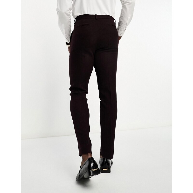 ASOS DESIGN - Pantaloni da abito slim in misto lana bordeaux con motivo a spina di pesce-Rosso