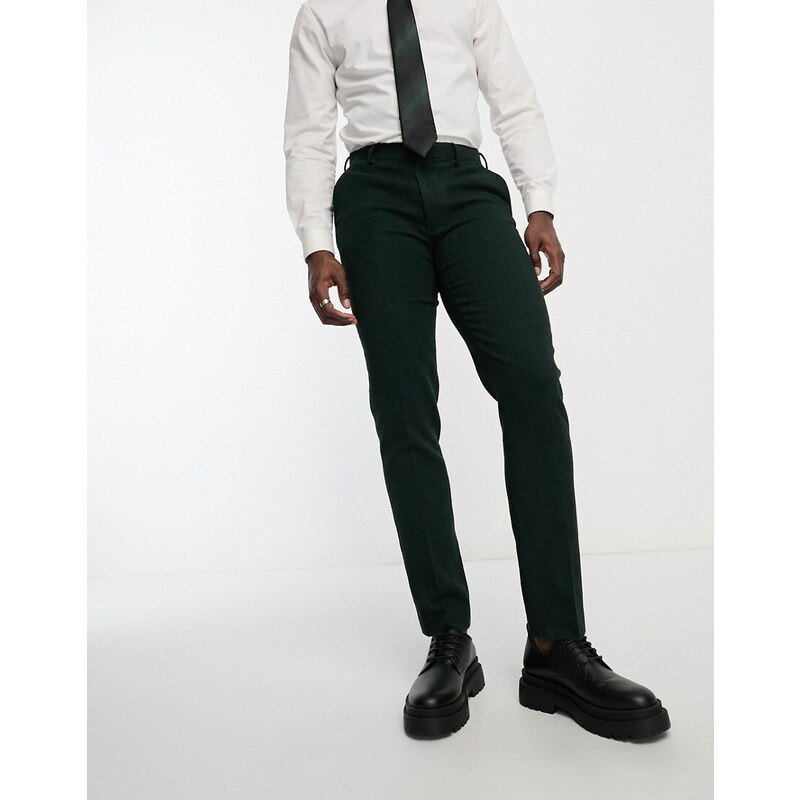 ASOS DESIGN - Pantaloni da abito slim in misto lana verdi con motivo a spina di pesce-Verde