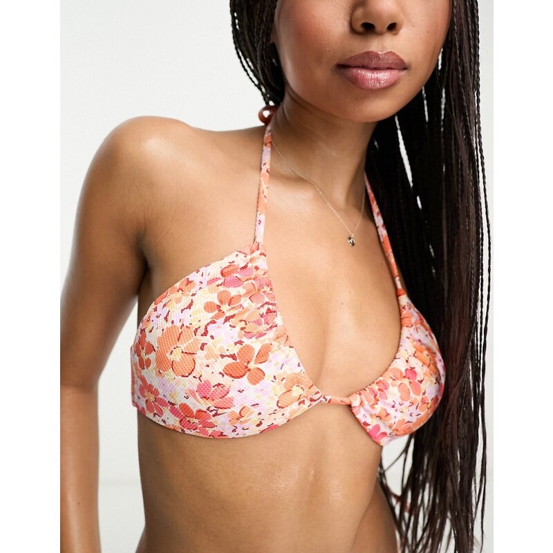Rhythm - Top bikini allacciato al collo plissettato rosa con stampa di fiori-Multicolore