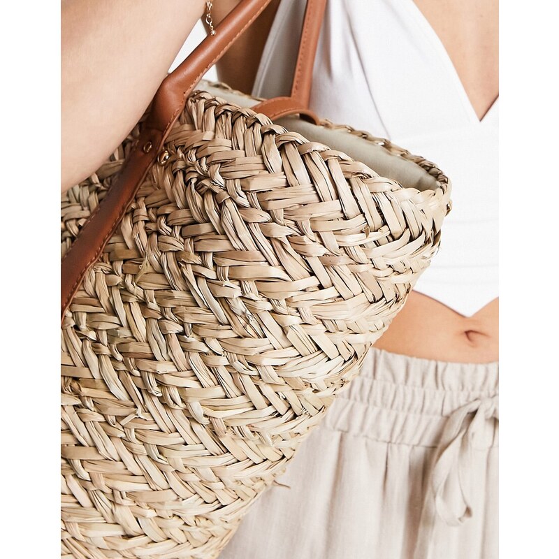 Accessorize - Borsa shopping da mare in paglia beige con frange