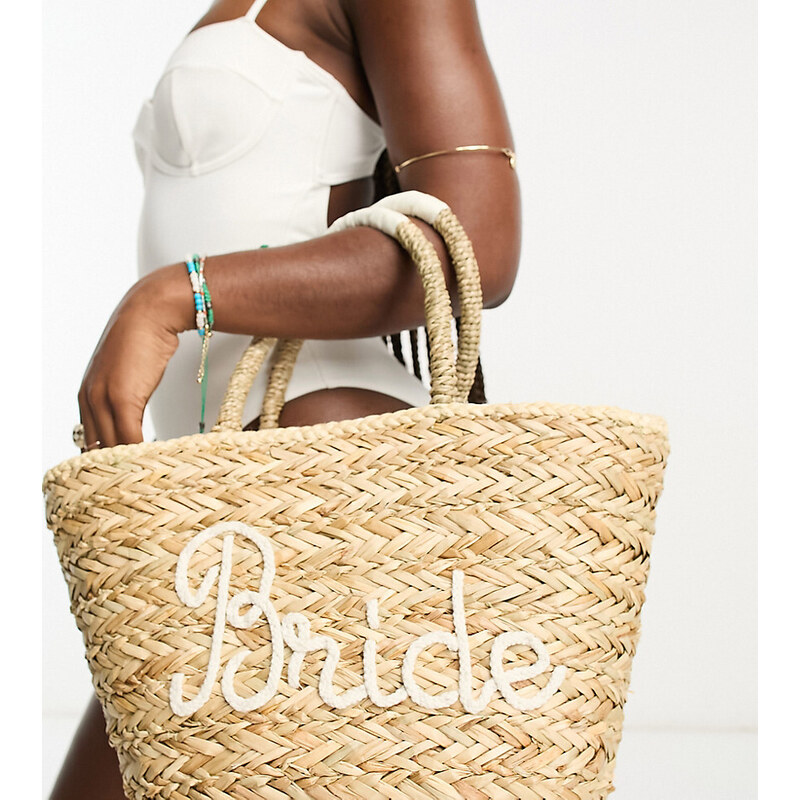 South Beach - Borsa shopping da spalla da sposa in paglia beige con ricamo "Bride"-Neutro