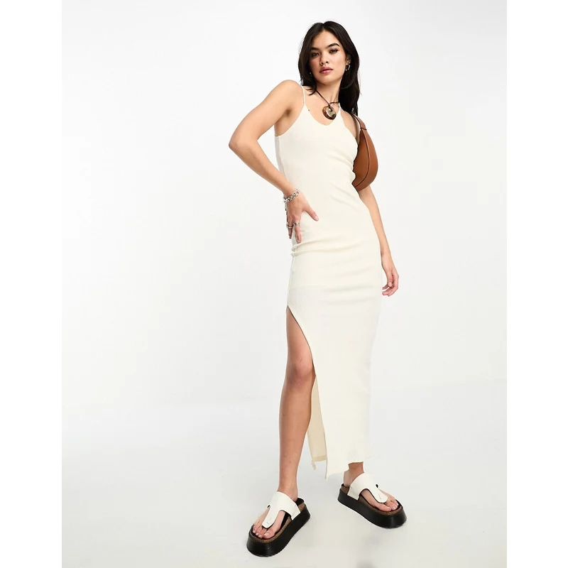 Bershka Vestito lungo color pietra con cut-out e spalline  asimmetriche-Bianco