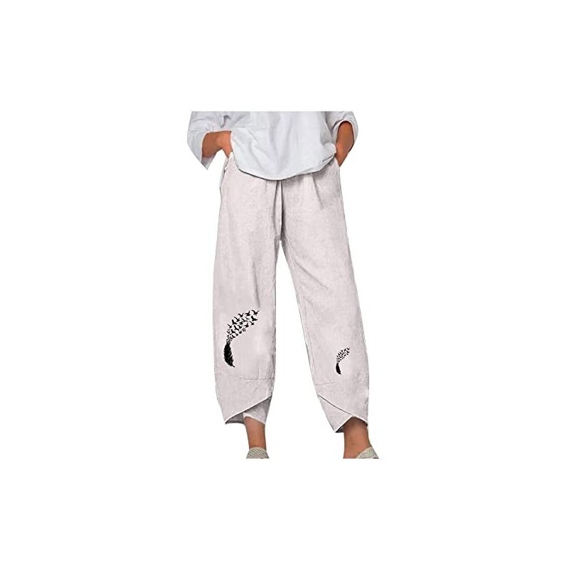 Vita Alta Pantaloni Lino Pantaloni Lino Donna Estate - Larghi, Comodi, Vita Alta Con Elastico - Ideali Per Spiaggia E Casual Vita Alta Elastica Gamba Larga - Foto 12