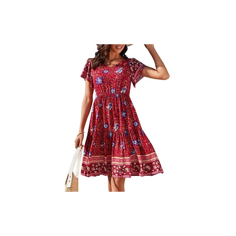 R.Vivimos Abito Boho Estivo Donna Abito Sexy Scollo A V Bottoni Manica Corta Vestito Elegante Con Volant Orlo Abito Lungo Maxi Da Spiaggia Casual Per Le Vacanze M Green 105165299