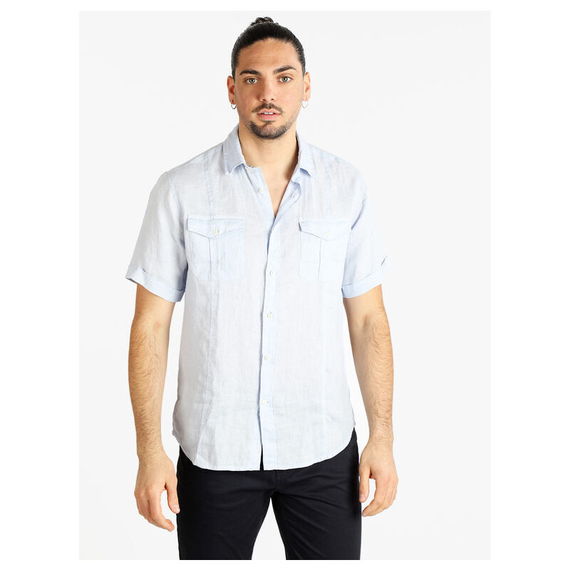 Guy Camicia In Puro Lino Da Uomo a Maniche Corte Blu Taglia 3xl