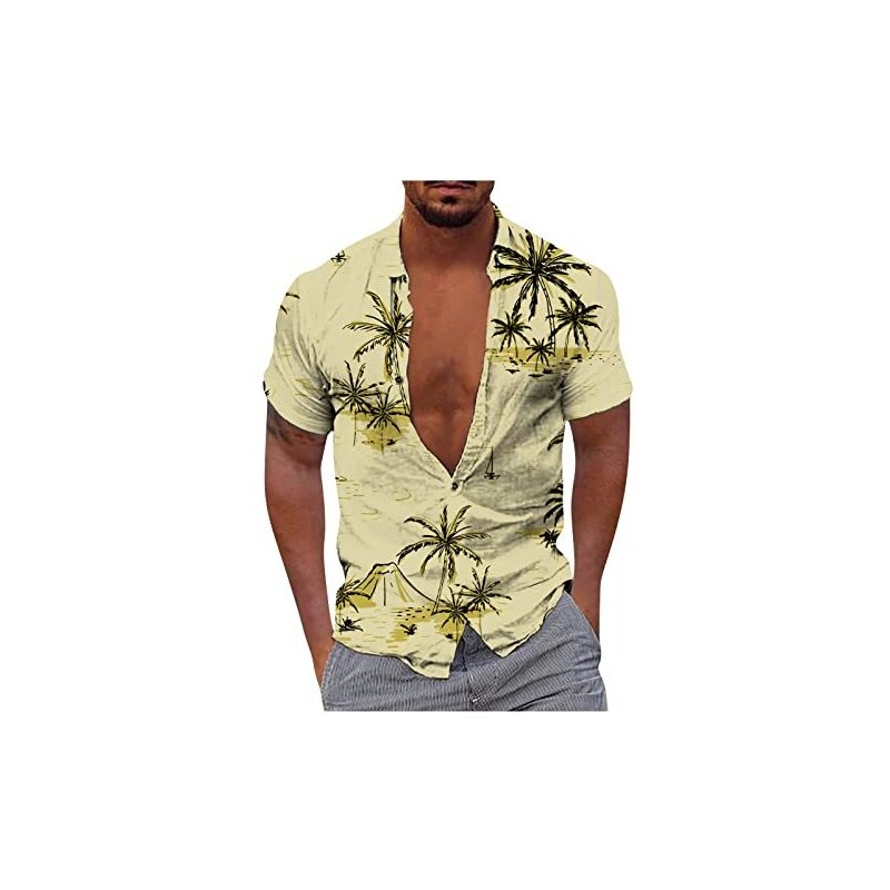 Camicia Hawaiana Uomo - Manica Corta, Stampa Foglie Tropicali, Poliestere Elastan - Per Spiaggia E Vacanze