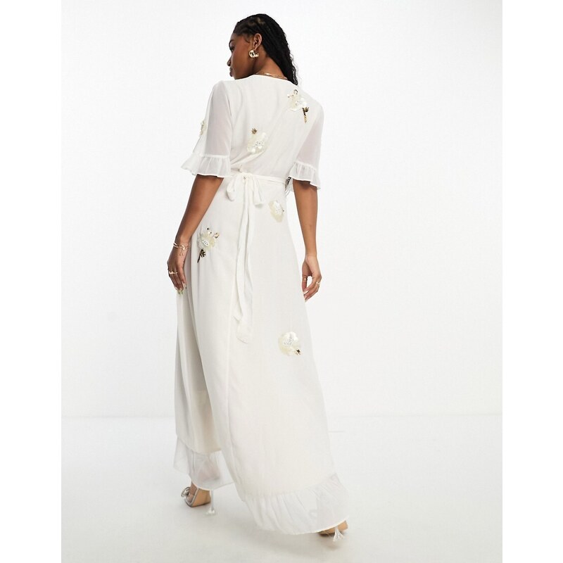 Hope & Ivy - Vestito lungo da sposa avvolgente color avorio con decorazioni-Bianco