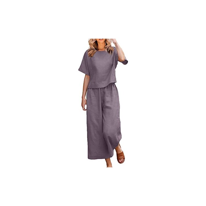 Kobilee Tuta Estiva Donna Completa Elegante Taglie Forti Cotone E Lino Leggera Casual Completo Larghi Curvy Tuta Elegante Manica Corta Camicia Pantaloni Lino Set Due Pezzi 122760881