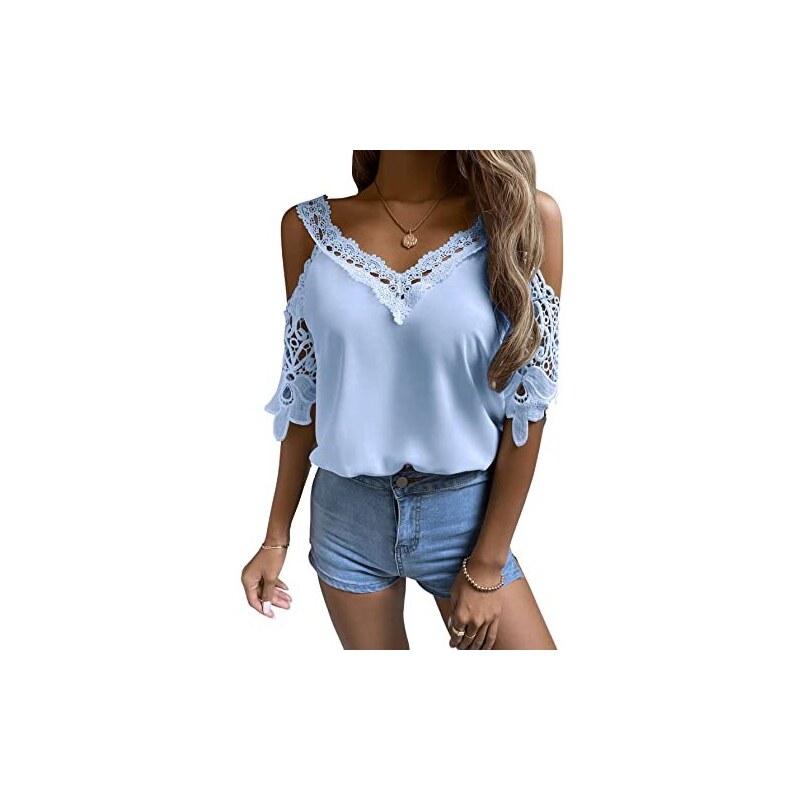 SheIn Camicetta da donna a maniche corte, con scollo a V, senza spalline, con pizzo ad aria, celeste, L