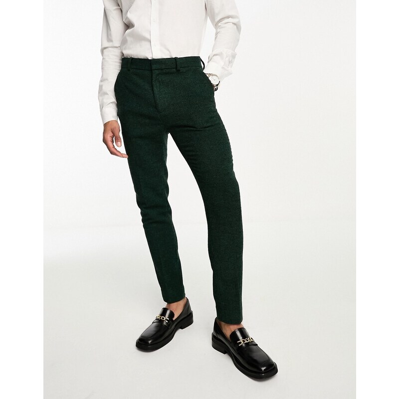 ASOS DESIGN Wedding - Pantaloni da abito super skinny in misto lana verde scuro pied de poule