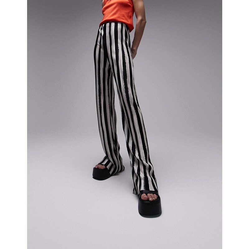 Topshop - Pantaloni a fondo ampio plissé con stampa a righe monocromatiche-Multicolore