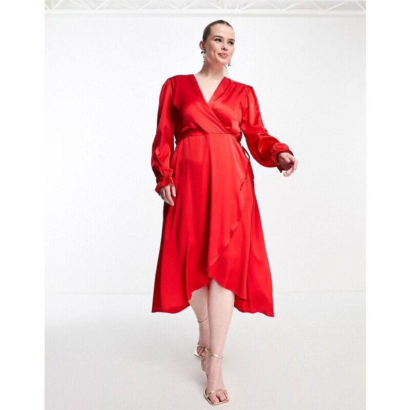AX Paris Plus - Vestito avvolgente a maniche lunghe in raso, colore rosso