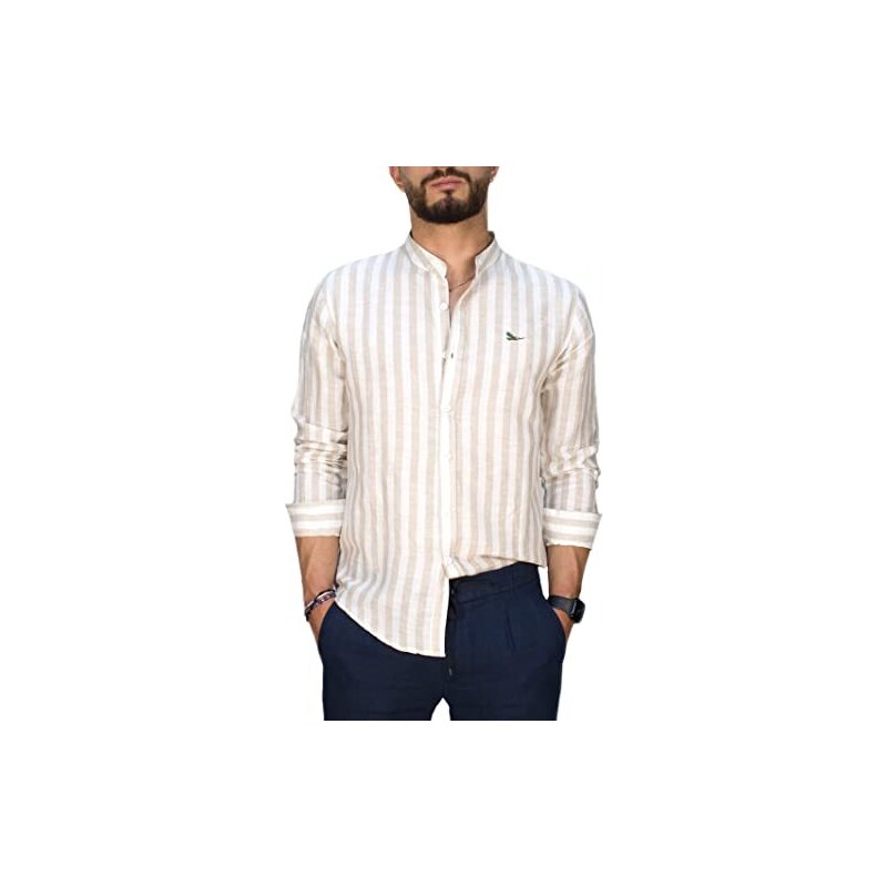 RDV Camicia Uomo a Righe Cotone Manica Lunga Casual Lino Trama Western Regular Fit (XXXL, Righe Beige)