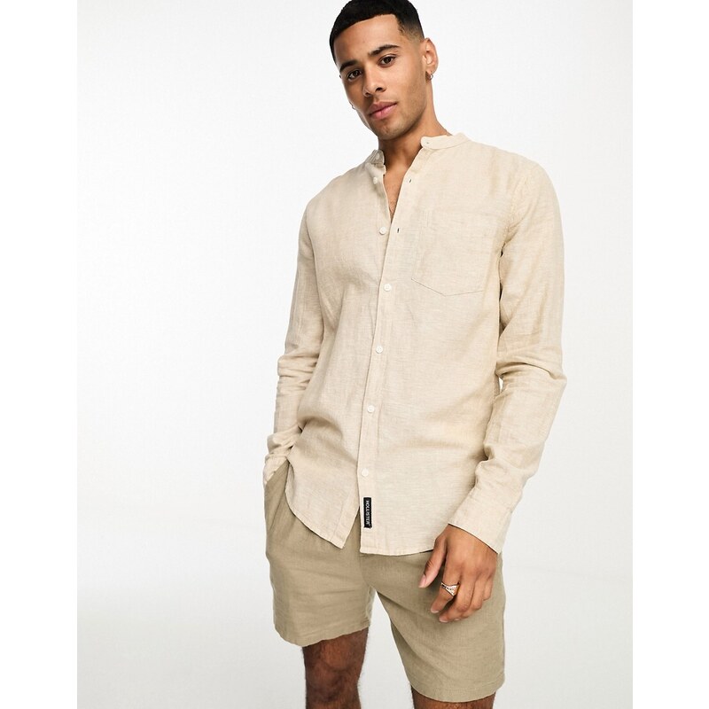 COOFANDY Camicia Uomo In Lino E Cotone – Colletto Coreano, Maniche Lunghe Arrotolabili, Vestibilità Regolare, Blu Scuro M - 2