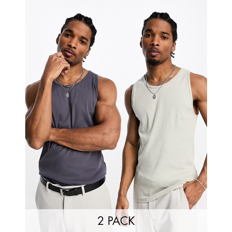 ASOS DESIGN - Confezione da 2 T-shirt attillate girocollo beige e grigia-Multicolore