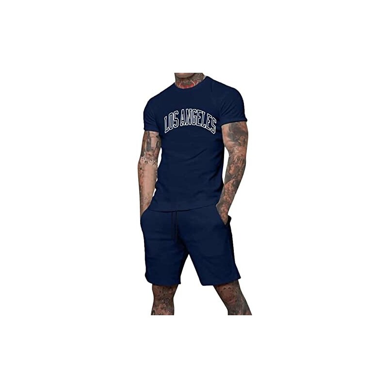 Set di tuta da uomo estiva, 2 pezzi, per lo sport, a maniche corte + pantaloncini corti, per il tempo libero, da uomo, girocollo, pantaloncini in due pezzi, top e pantaloni corti