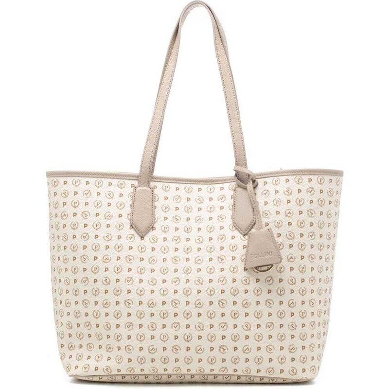 Pollini borsa shopping donna heritage con doppio manico e charm in pelle avorio ghiaccio