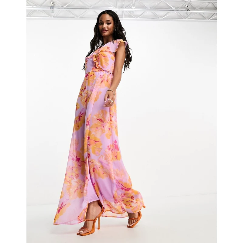 Vero Moda Vestito lungo lilla e arancione a fiori a portafoglio