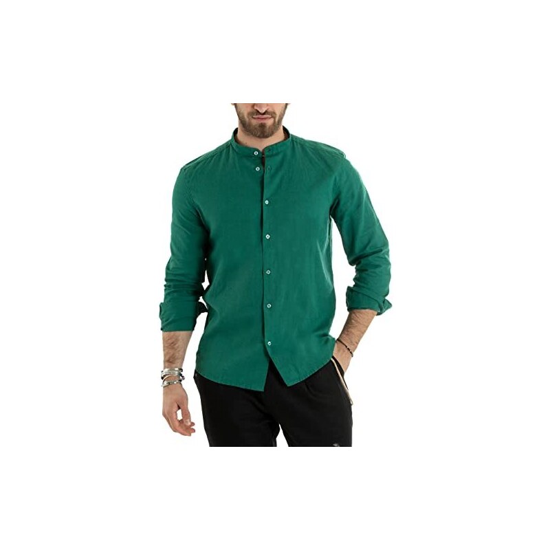 Giosal Camicia Uomo Lino Collo Serafino Mezzo Bottone Tinta Unita Manica Lunga Made In Italy Xxl Verde 121721048