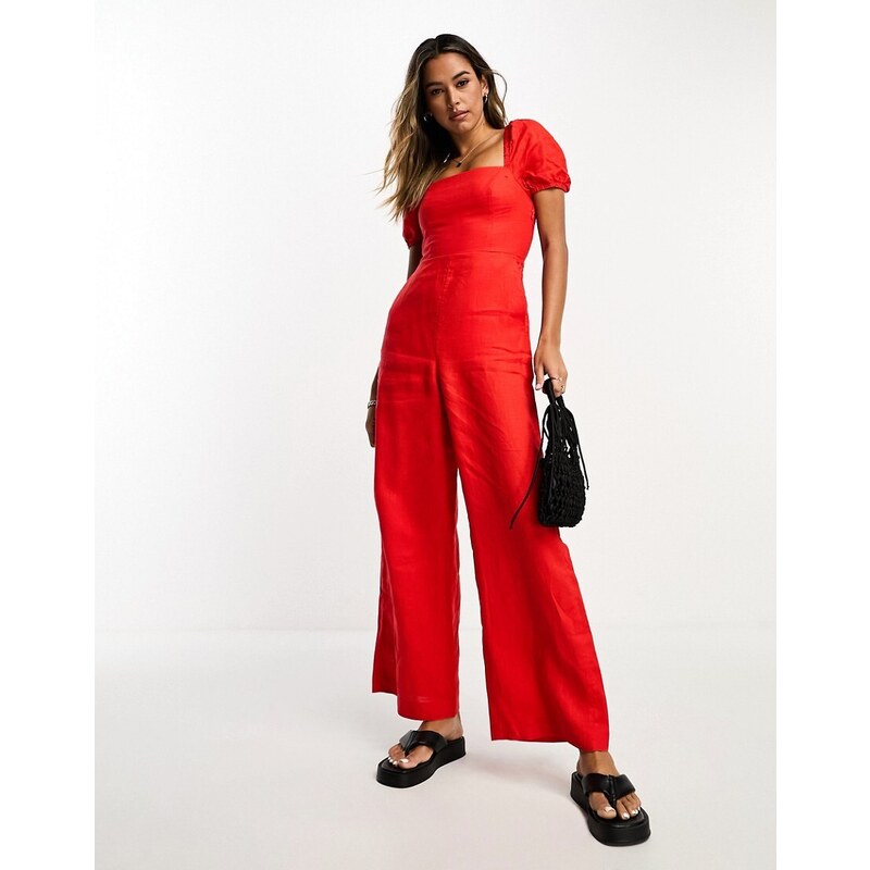 Other Stories Tuta jumpsuit in lino rossa con maniche a sbuffo-Rosso - Main Image