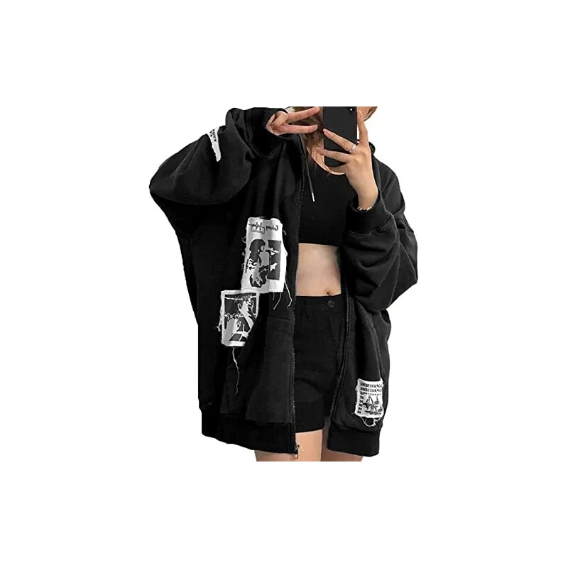 Felpa Con Cappuccio Donna Y2K Giacca Con Zip: Stile Goth Skeleton Harajuku, Vintage Anni 90, E-Girl, Taglia Unica Oversize